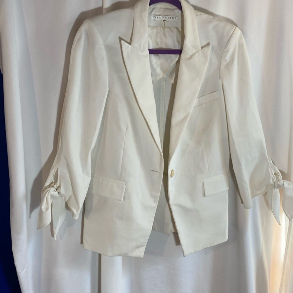 Veronica Beard White Corrine Single-Breasted Tie-Cuff Dickey Jacket Sz 12, GUC